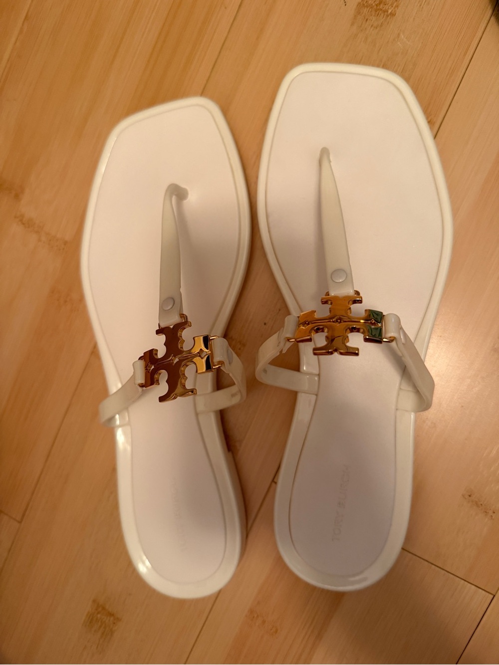 Tory Burch White Jelly Logo Thong Sandals with Gold Hardware